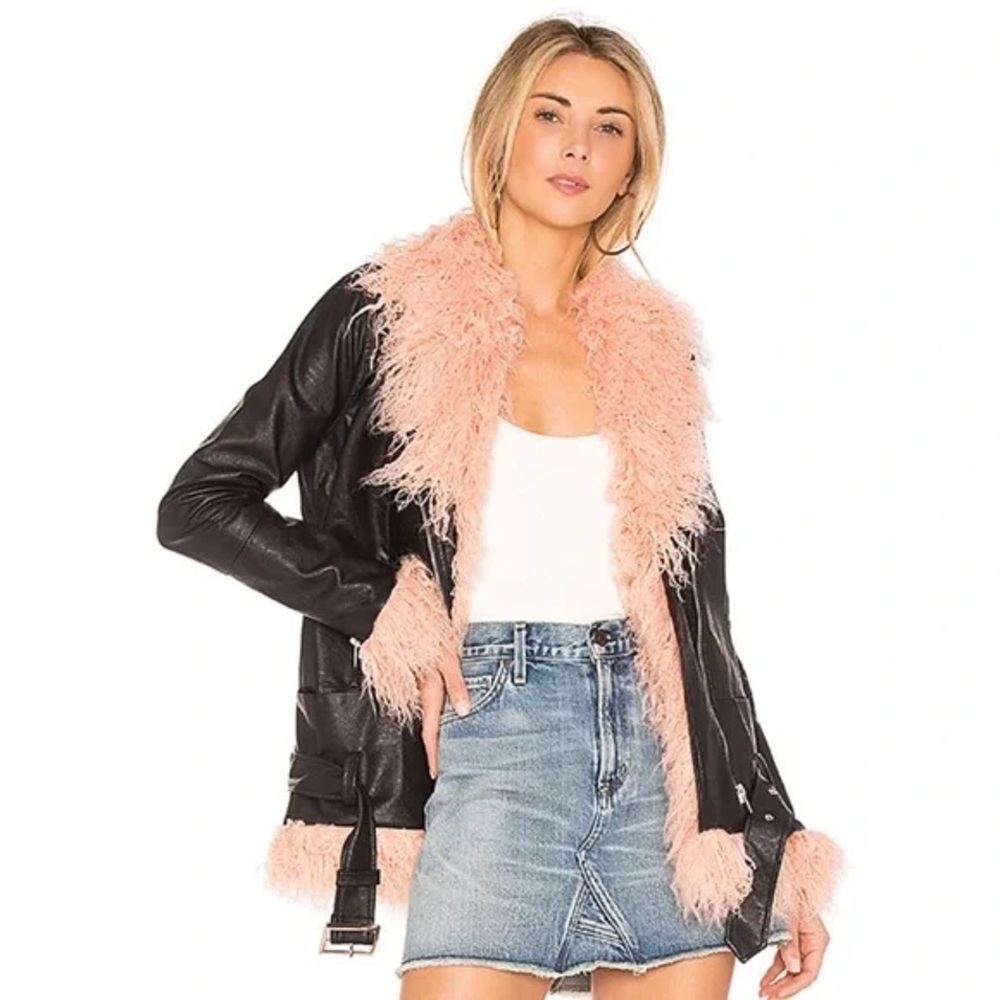Black and Pink Faux Leather Jacket with Fur Trim